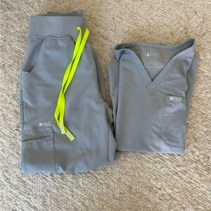 Figs Light Gray Scrub Top and Bottom Set. Top and Bottom both size small